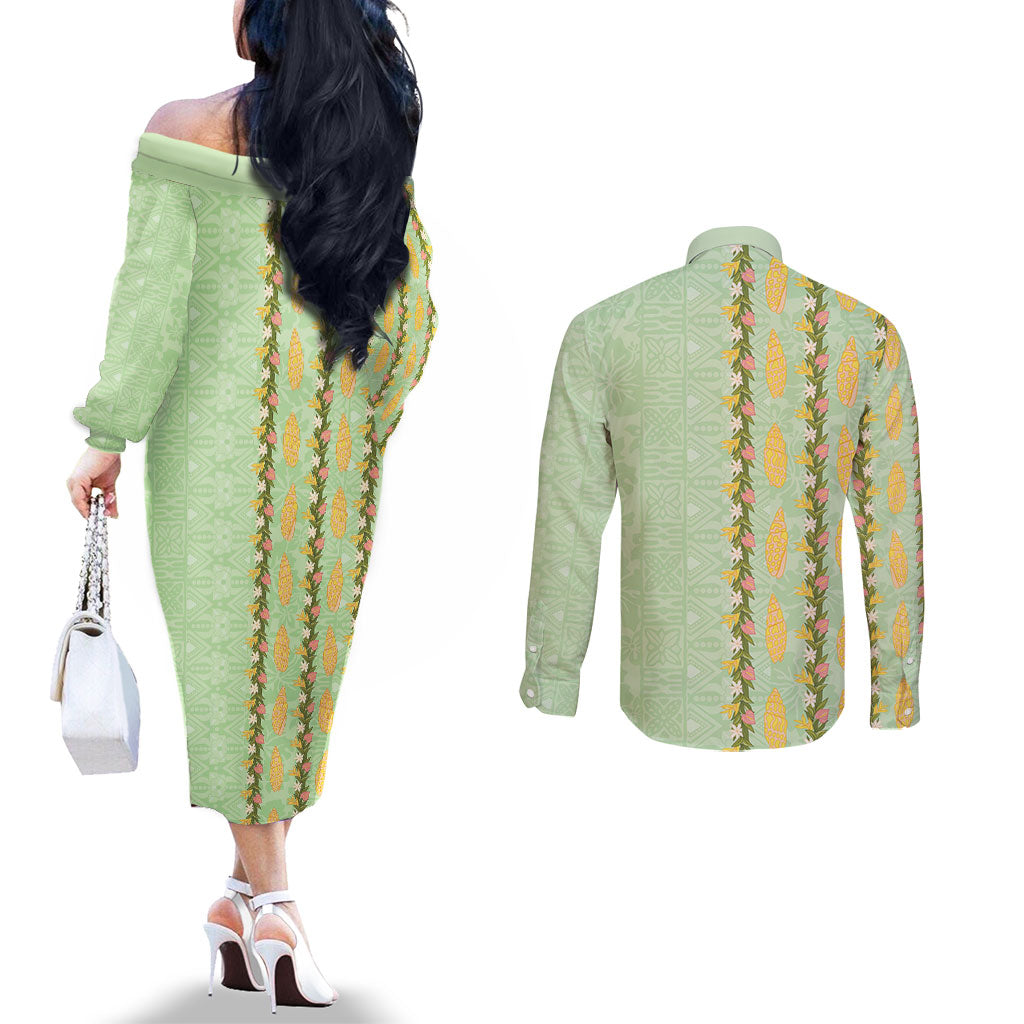Hawaii Shell Tiare Anthurium Heliconia Lei Couples Matching Off The Shoulder Long Sleeve Dress and Long Sleeve Button Shirt With Tapa Pattern Baby Green