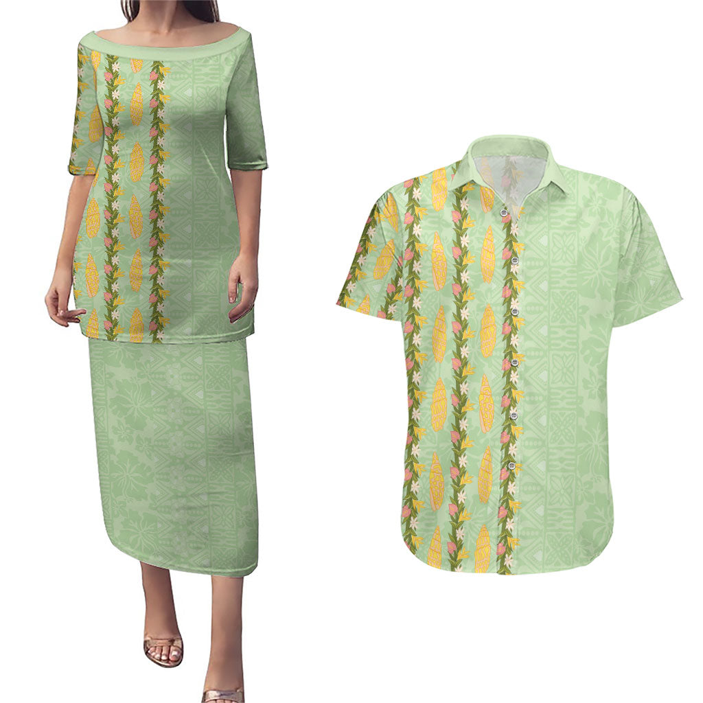 Hawaii Shell Tiare Anthurium Heliconia Lei Couples Matching Puletasi and Hawaiian Shirt With Tapa Pattern Baby Green LT05 Green - Polynesian Pride