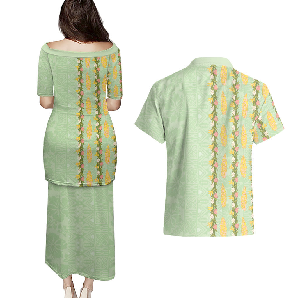 Hawaii Shell Tiare Anthurium Heliconia Lei Couples Matching Puletasi and Hawaiian Shirt With Tapa Pattern Baby Green