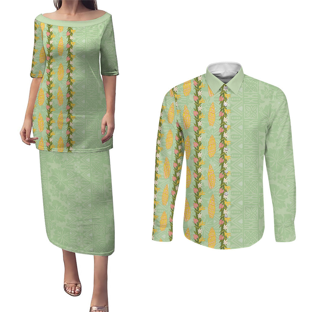 Hawaii Shell Tiare Anthurium Heliconia Lei Couples Matching Puletasi and Long Sleeve Button Shirt With Tapa Pattern Baby Green LT05 Green - Polynesian Pride
