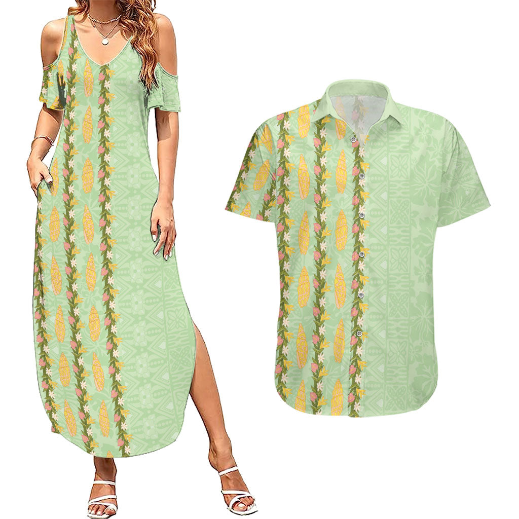 Hawaii Shell Tiare Anthurium Heliconia Lei Couples Matching Summer Maxi Dress and Hawaiian Shirt With Tapa Pattern Baby Green LT05 Green - Polynesian Pride
