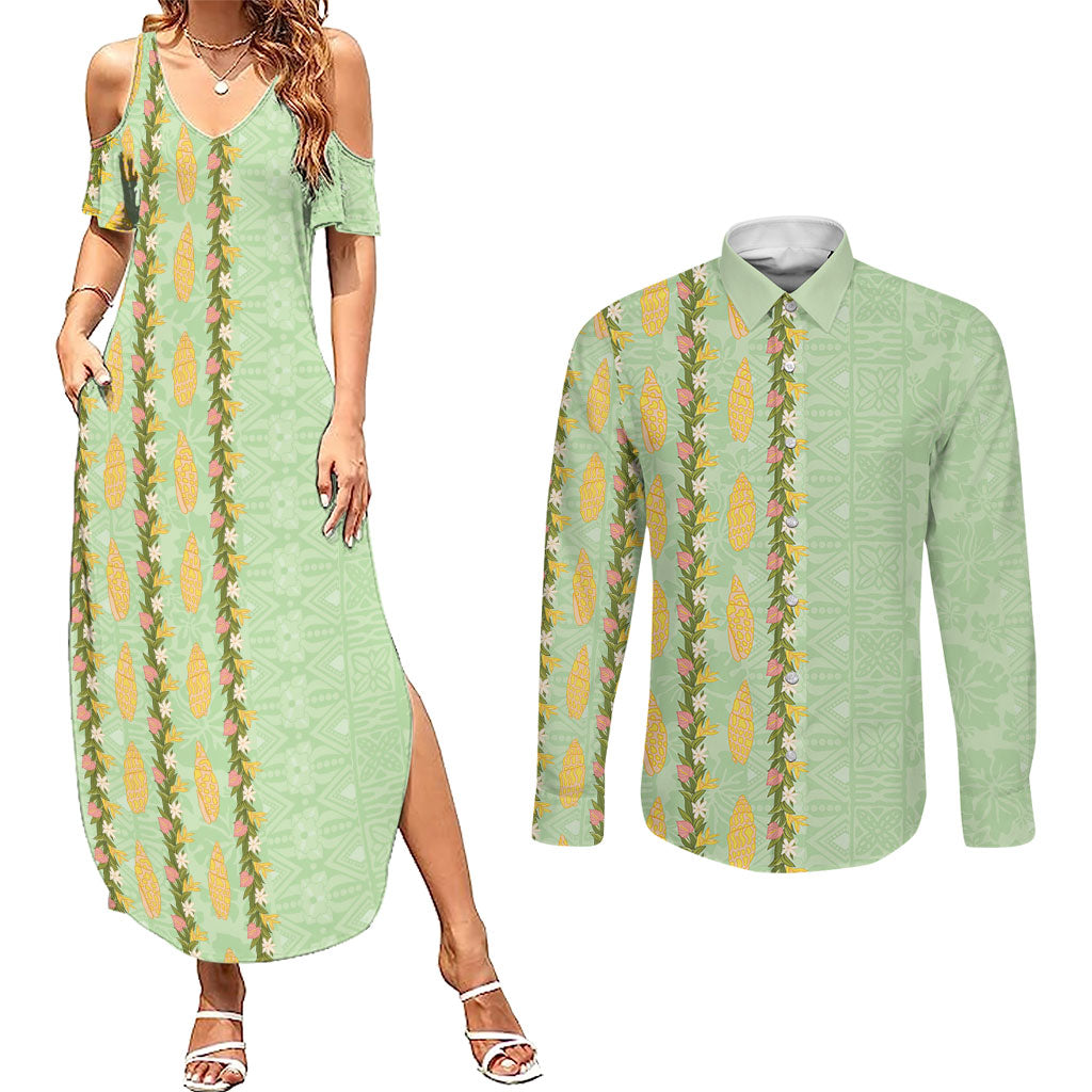 Hawaii Shell Tiare Anthurium Heliconia Lei Couples Matching Summer Maxi Dress and Long Sleeve Button Shirt With Tapa Pattern Baby Green LT05 Green - Polynesian Pride