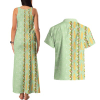 Hawaii Shell Tiare Anthurium Heliconia Lei Couples Matching Tank Maxi Dress and Hawaiian Shirt With Tapa Pattern Baby Green
