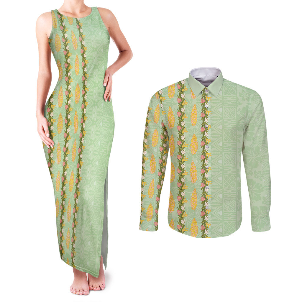 Hawaii Shell Tiare Anthurium Heliconia Lei Couples Matching Tank Maxi Dress and Long Sleeve Button Shirt With Tapa Pattern Baby Green LT05 Green - Polynesian Pride