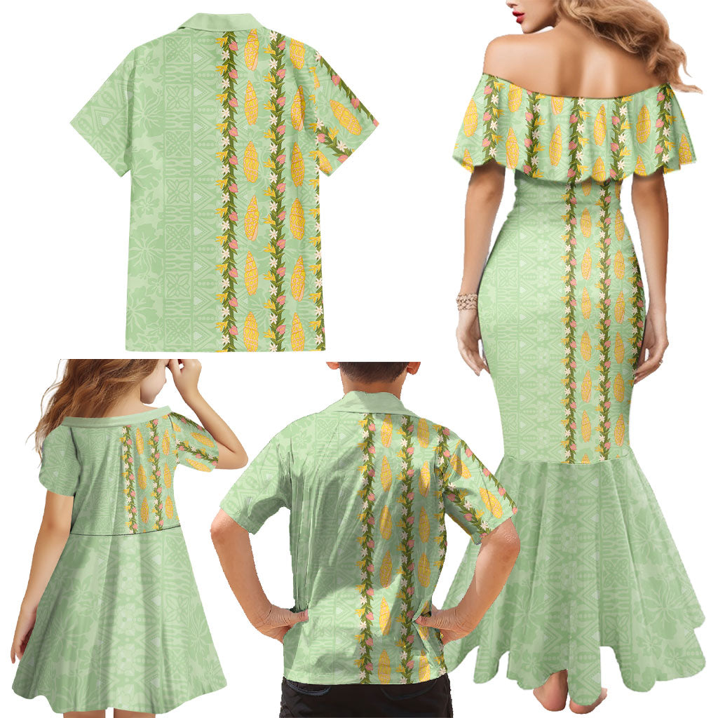 Hawaii Shell Tiare Anthurium Heliconia Lei Family Matching Mermaid Dress and Hawaiian Shirt With Tapa Pattern Baby Green
