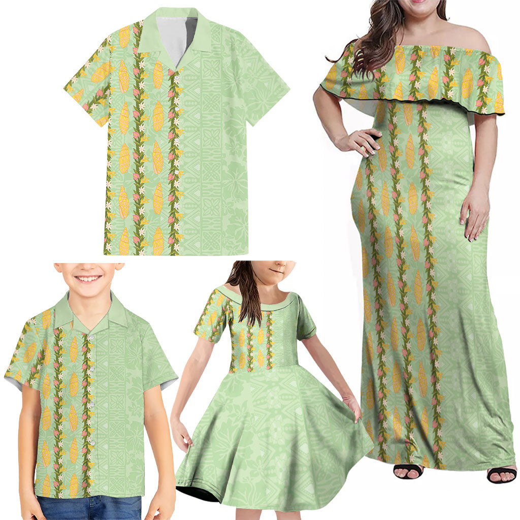 Hawaii Shell Tiare Anthurium Heliconia Lei Family Matching Off Shoulder Maxi Dress and Hawaiian Shirt With Tapa Pattern Baby Green LT05 - Polynesian Pride