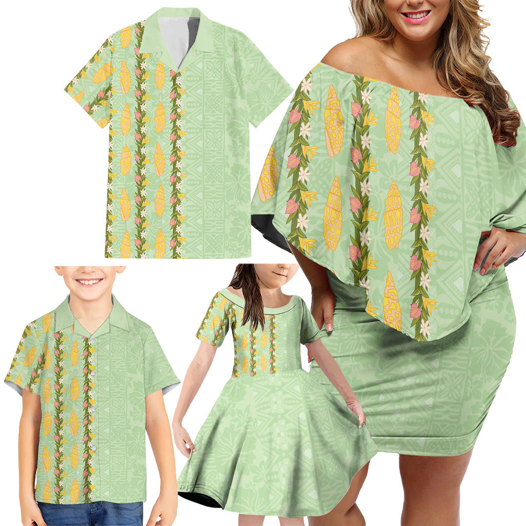 Hawaii Shell Tiare Anthurium Heliconia Lei Family Matching Off Shoulder Short Dress and Hawaiian Shirt With Tapa Pattern Baby Green