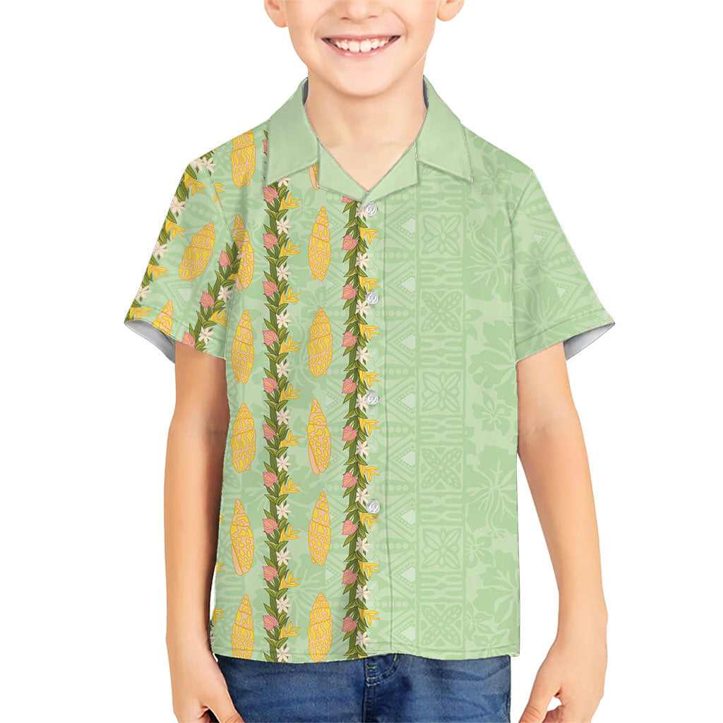 Hawaii Shell Tiare Anthurium Heliconia Lei Family Matching Off Shoulder Short Dress and Hawaiian Shirt With Tapa Pattern Baby Green