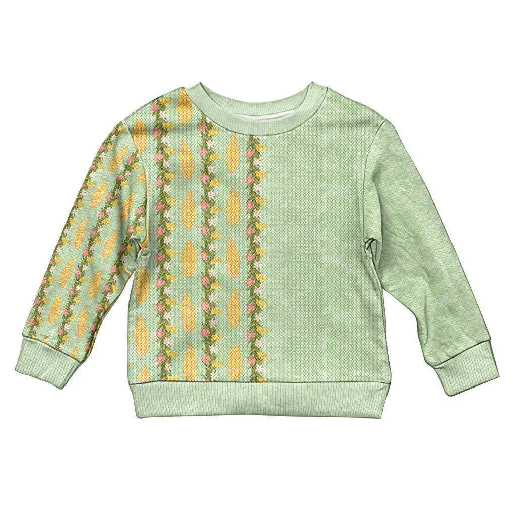 Hawaii Shell Tiare Anthurium Heliconia Lei Kid Ugly Christmas Sweater With Tapa Pattern Baby Green LT05 Kid Green - Polynesian Pride