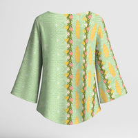 Hawaii Shell Tiare Anthurium Heliconia Lei Kimono Sleeve Blouse With Tapa Pattern Baby Green
