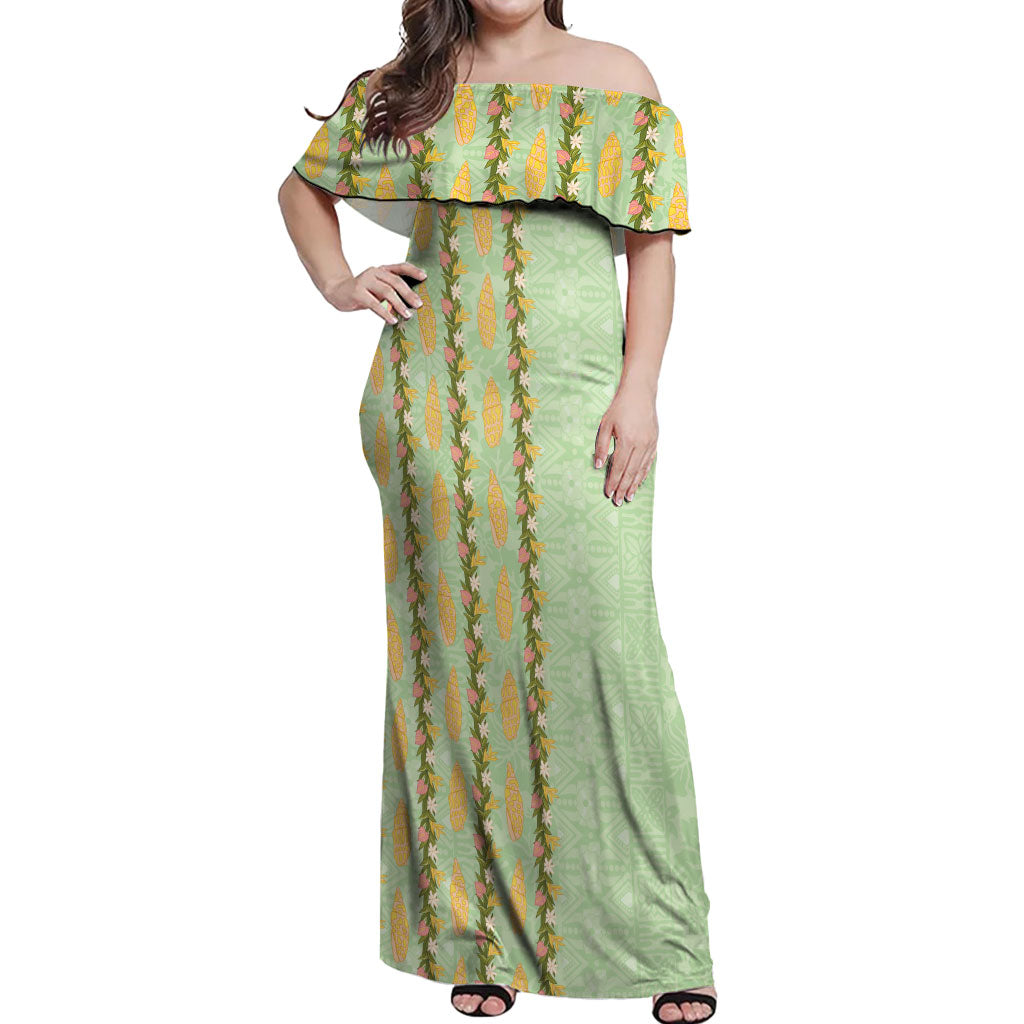 Hawaii Shell Tiare Anthurium Heliconia Lei Off Shoulder Maxi Dress With Tapa Pattern Baby Green LT05 Women Green - Polynesian Pride