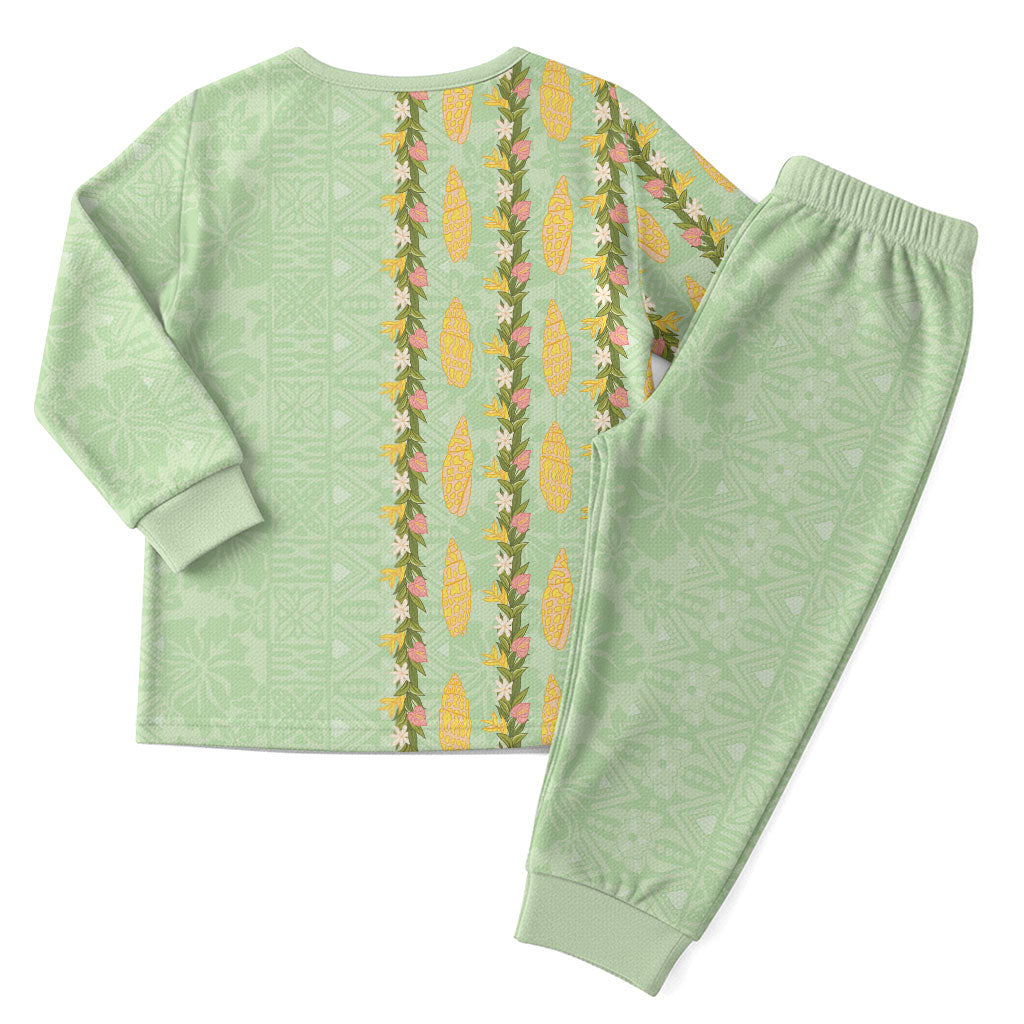 Hawaii Shell Tiare Anthurium Heliconia Lei Christmas Pajama Set With Tapa Pattern Baby Green LT05 - Polynesian Pride