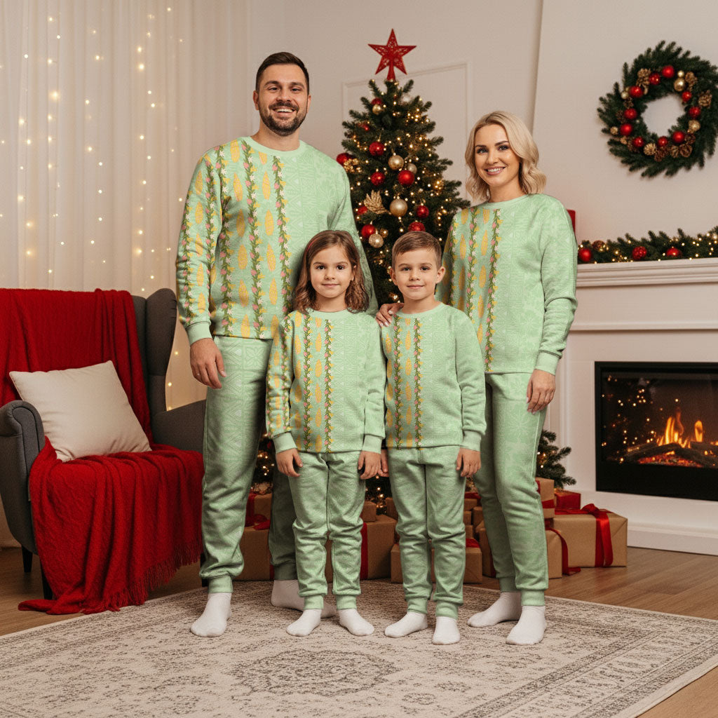 Hawaii Shell Tiare Anthurium Heliconia Lei Christmas Pajama Set With Tapa Pattern Baby Green LT05 - Polynesian Pride