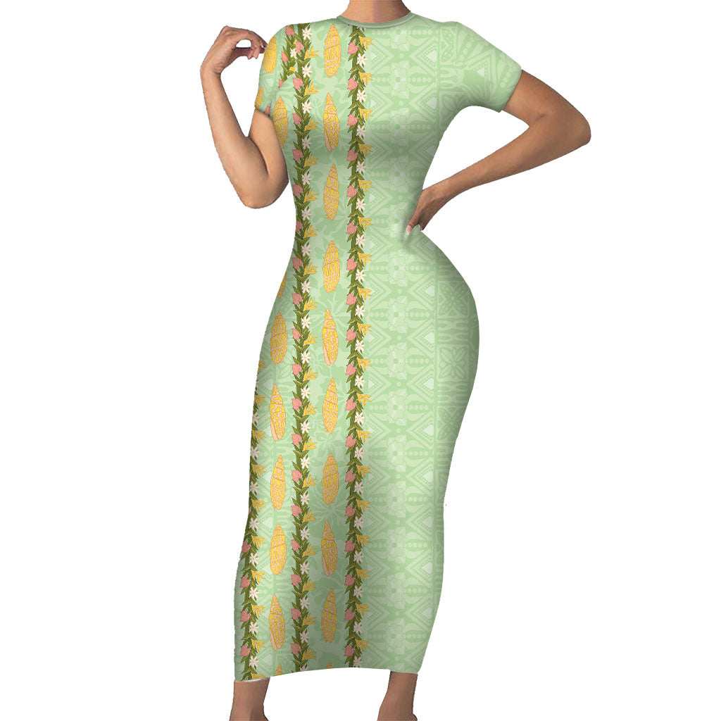 Hawaii Shell Tiare Anthurium Heliconia Lei Short Sleeve Bodycon Dress With Tapa Pattern Baby Green LT05 Long Dress Green - Polynesian Pride