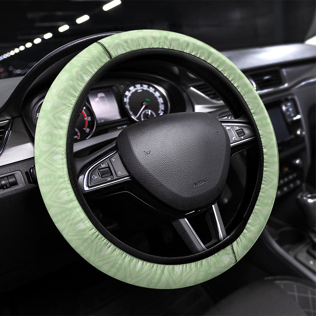 Hawaii Shell Tiare Anthurium Heliconia Lei Steering Wheel Cover With Tapa Pattern Baby Green LT05 Universal Fit Green - Polynesian Pride