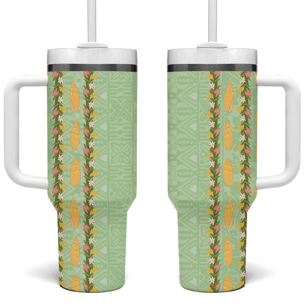 Hawaii Shell Tiare Anthurium Heliconia Lei Tumbler With Handle With Tapa Pattern Baby Green