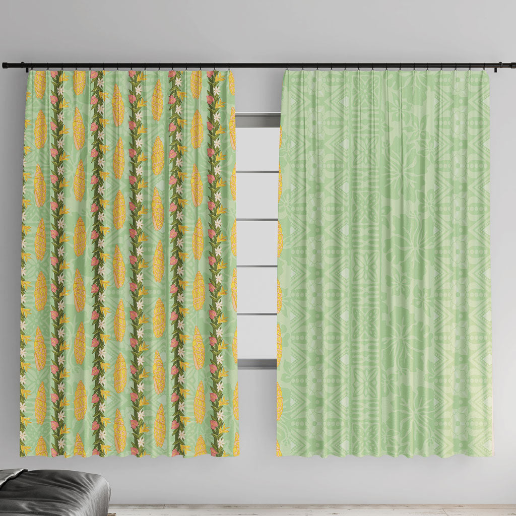Hawaii Shell Tiare Anthurium Heliconia Lei Window Curtain With Tapa Pattern Baby Green LT05 With Hooks Green - Polynesian Pride