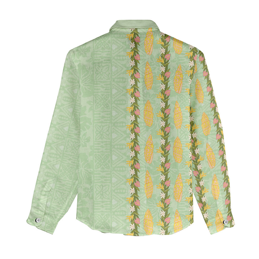 Hawaii Shell Tiare Anthurium Heliconia Lei Women Casual Shirt With Tapa Pattern Baby Green
