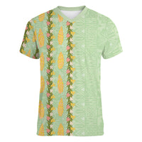 Hawaii Shell Tiare Anthurium Heliconia Lei Women V-Neck T-Shirt With Tapa Pattern Baby Green