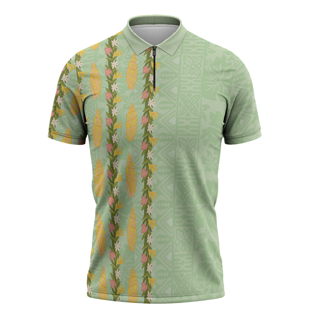 Hawaii Shell Tiare Anthurium Heliconia Lei Zipper Polo Shirt With Tapa Pattern Baby Green LT05 Green - Polynesian Pride