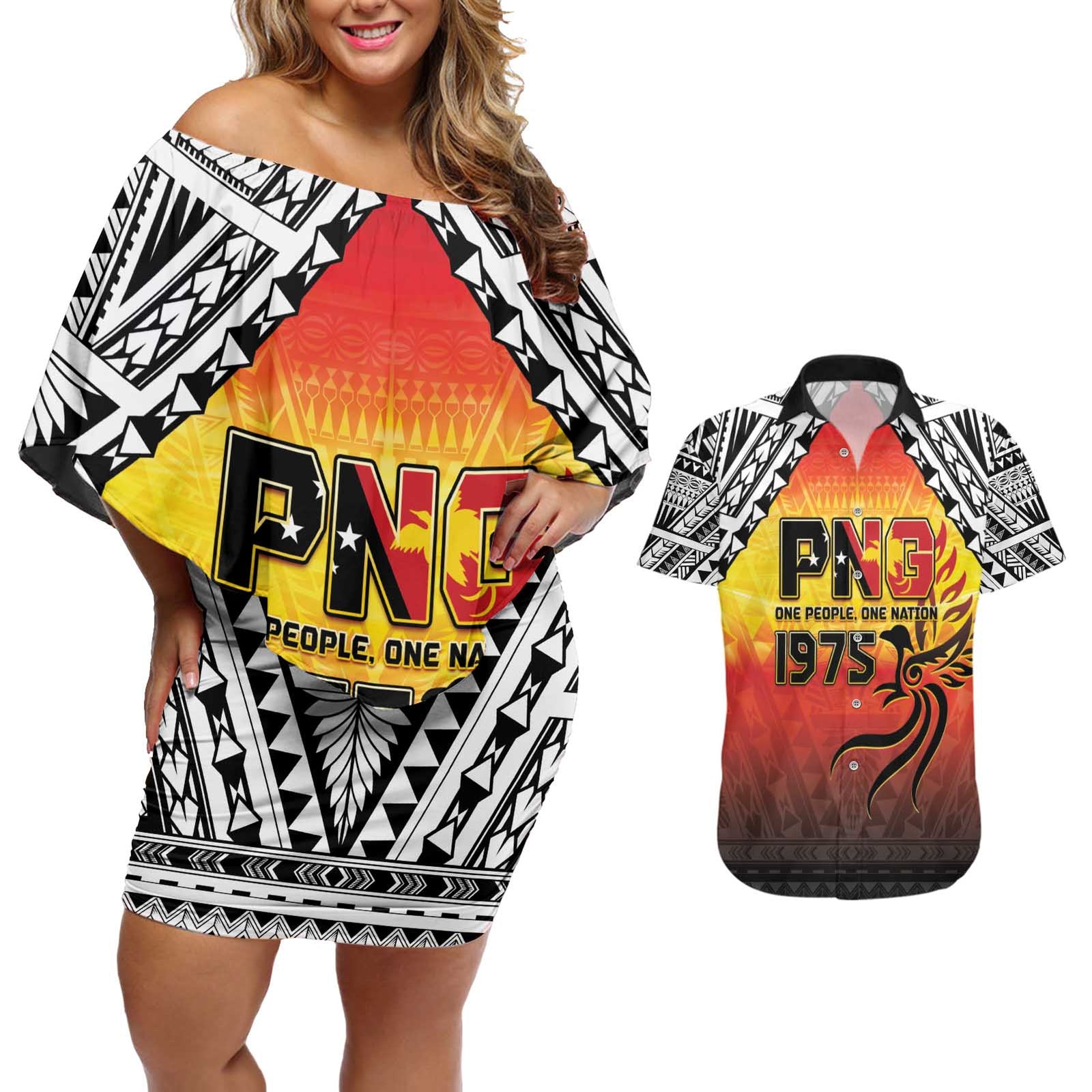 Papua New Guinea 49th Independence Day Couples Matching Off Shoulder Short Dress and Hawaiian Shirt One People One Nation One PNG