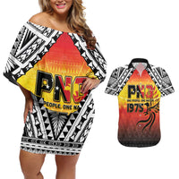 Papua New Guinea 50th Independence Day Couples Matching Off Shoulder Short Dress and Hawaiian Shirt One People One Nation One PNG LT05 Yellow - Polynesian Pride