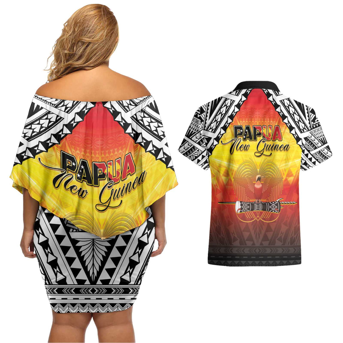 Papua New Guinea 50th Independence Day Couples Matching Off Shoulder Short Dress and Hawaiian Shirt One People One Nation One PNG LT05 - Polynesian Pride