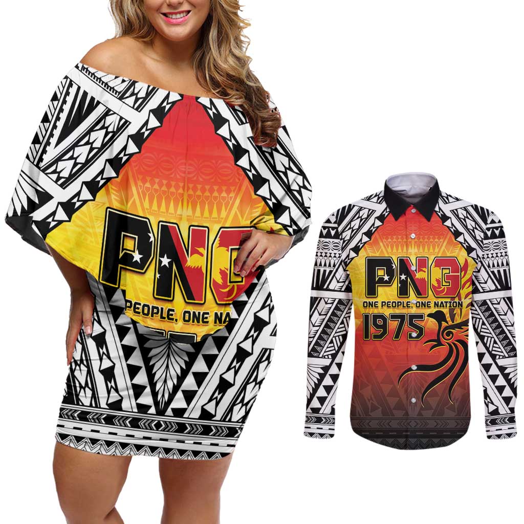 Papua New Guinea 49th Independence Day Couples Matching Off Shoulder Short Dress and Long Sleeve Button Shirt One People One Nation One PNG