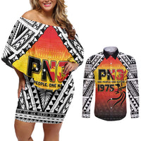 Papua New Guinea 50th Independence Day Couples Matching Off Shoulder Short Dress and Long Sleeve Button Shirt One People One Nation One PNG LT05 Yellow - Polynesian Pride