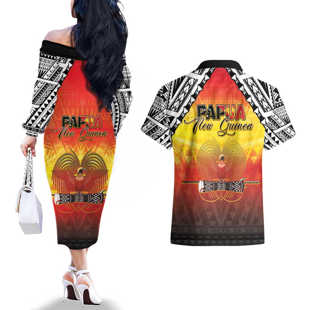 Papua New Guinea 50th Independence Day Couples Matching Off The Shoulder Long Sleeve Dress and Hawaiian Shirt One People One Nation One PNG LT05 - Polynesian Pride
