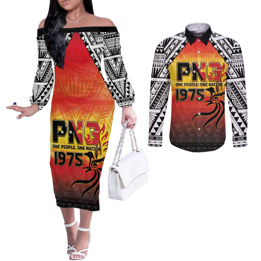 Papua New Guinea 50th Independence Day Couples Matching Off The Shoulder Long Sleeve Dress and Long Sleeve Button Shirt One People One Nation One PNG LT05 Yellow - Polynesian Pride