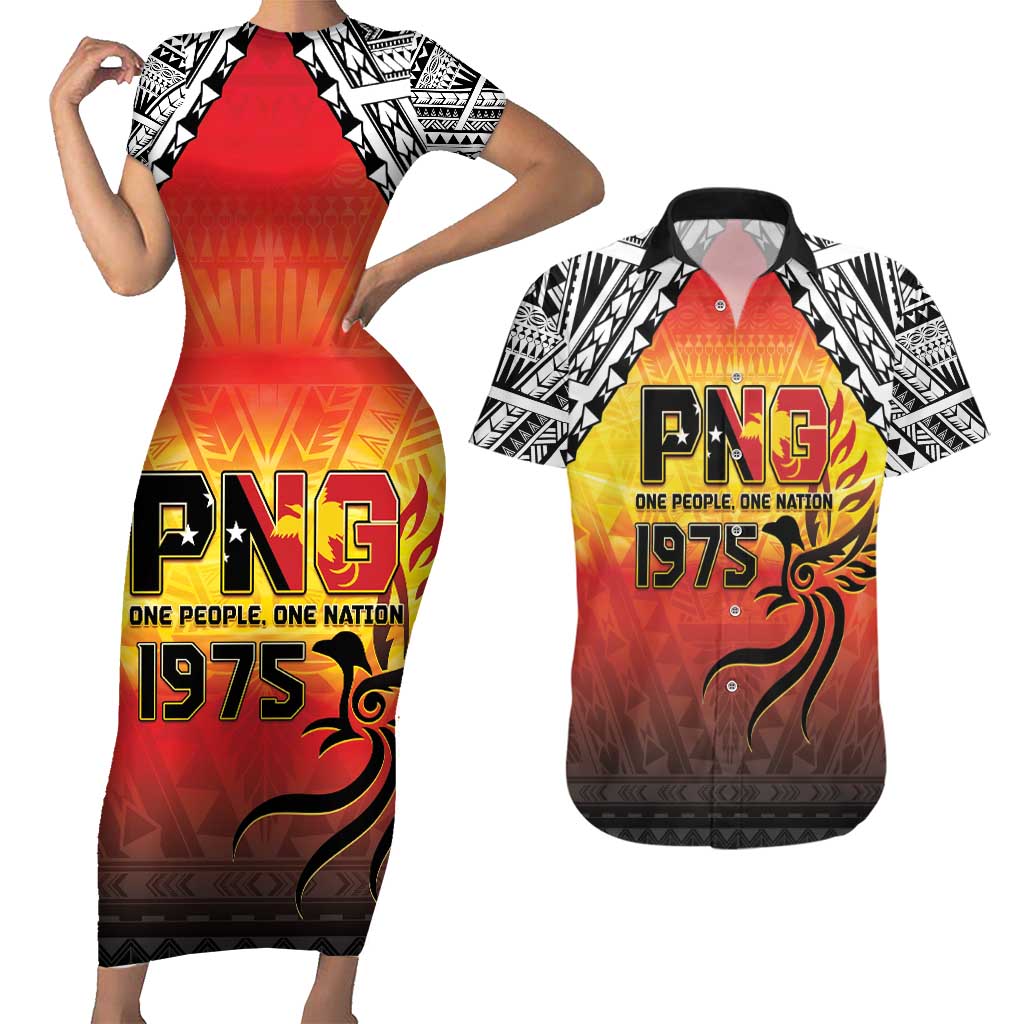 Papua New Guinea 50th Independence Day Couples Matching Short Sleeve Bodycon Dress and Hawaiian Shirt One People One Nation One PNG LT05 Yellow - Polynesian Pride