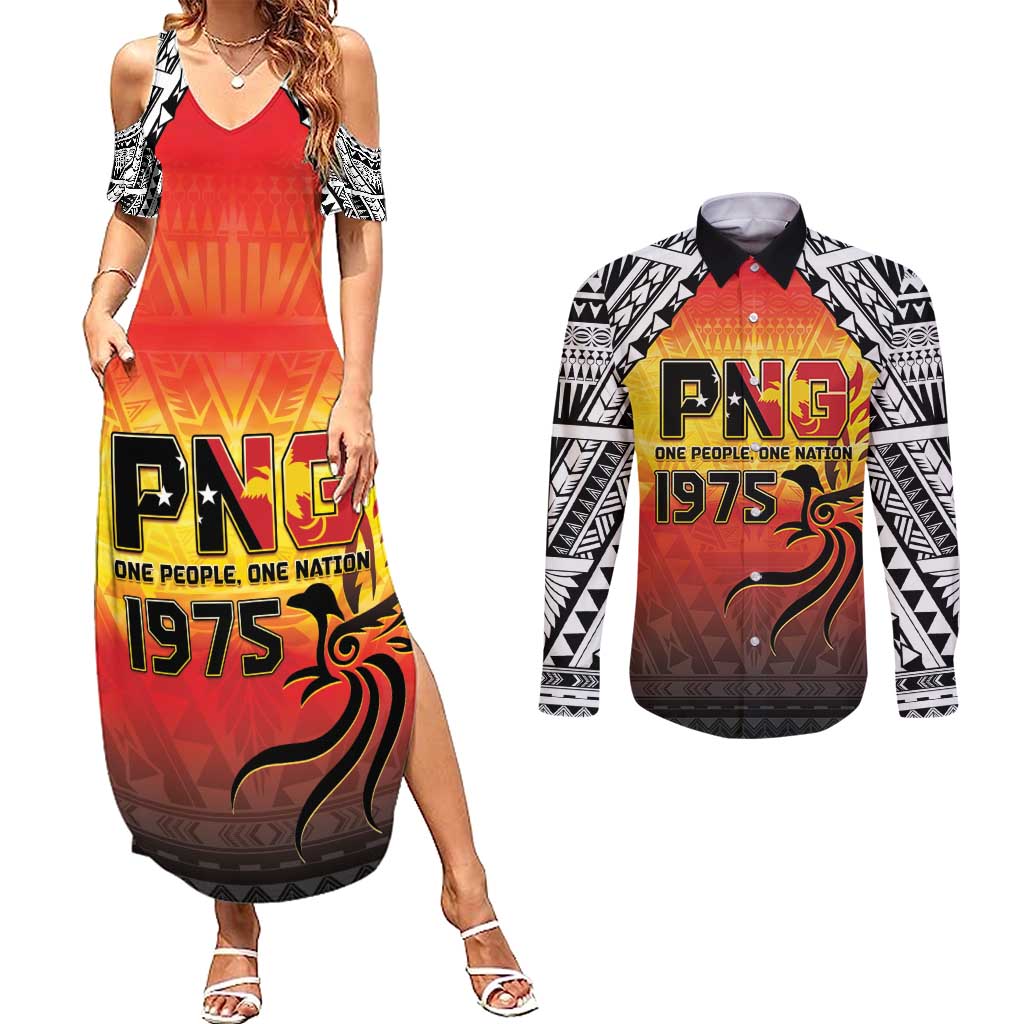 Papua New Guinea 49th Independence Day Couples Matching Summer Maxi Dress and Long Sleeve Button Shirt One People One Nation One PNG