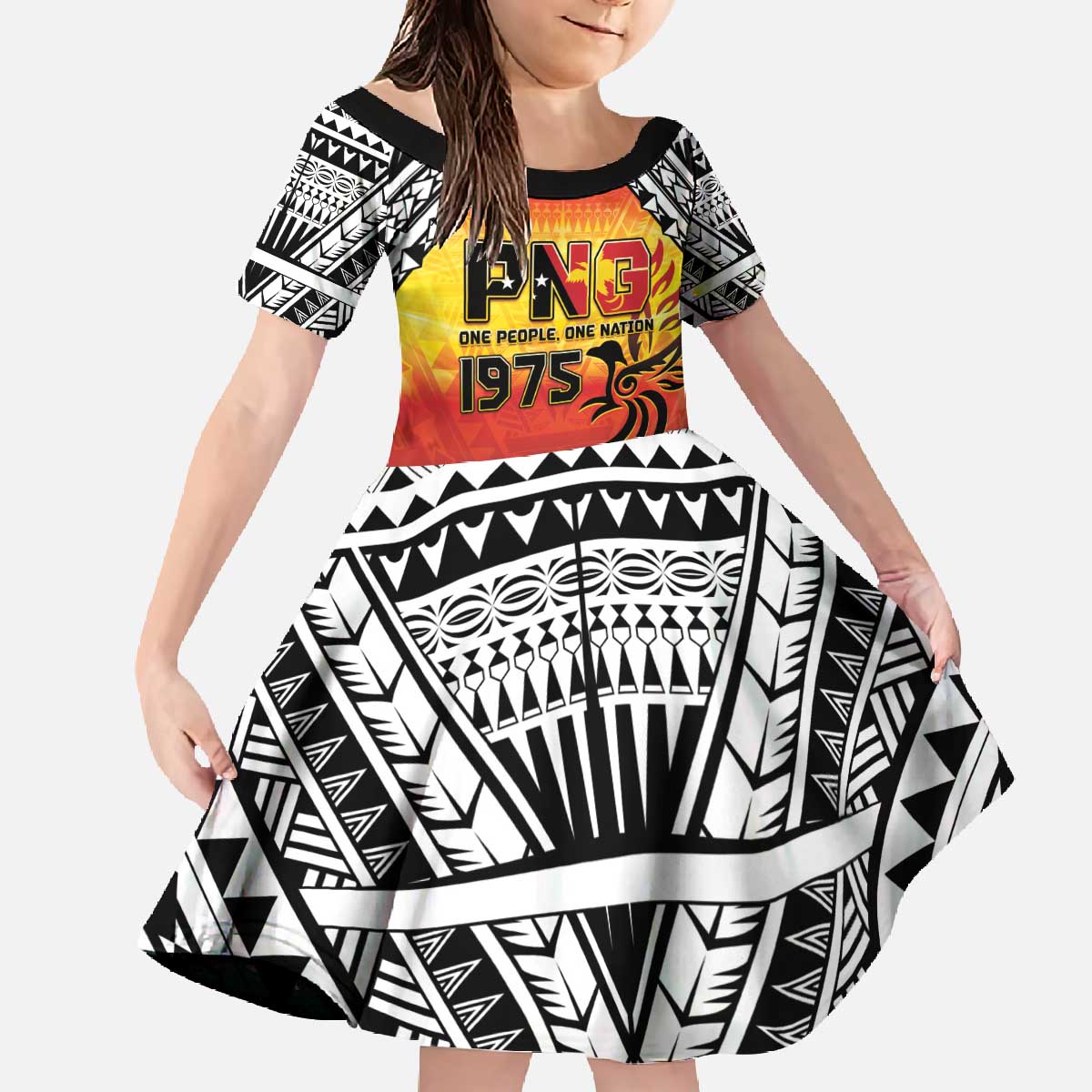 Papua New Guinea 50th Independence Day Family Matching Off The Shoulder Long Sleeve Dress and Hawaiian Shirt One People One Nation One PNG LT05 Daughter's Dress Yellow - Polynesian Pride