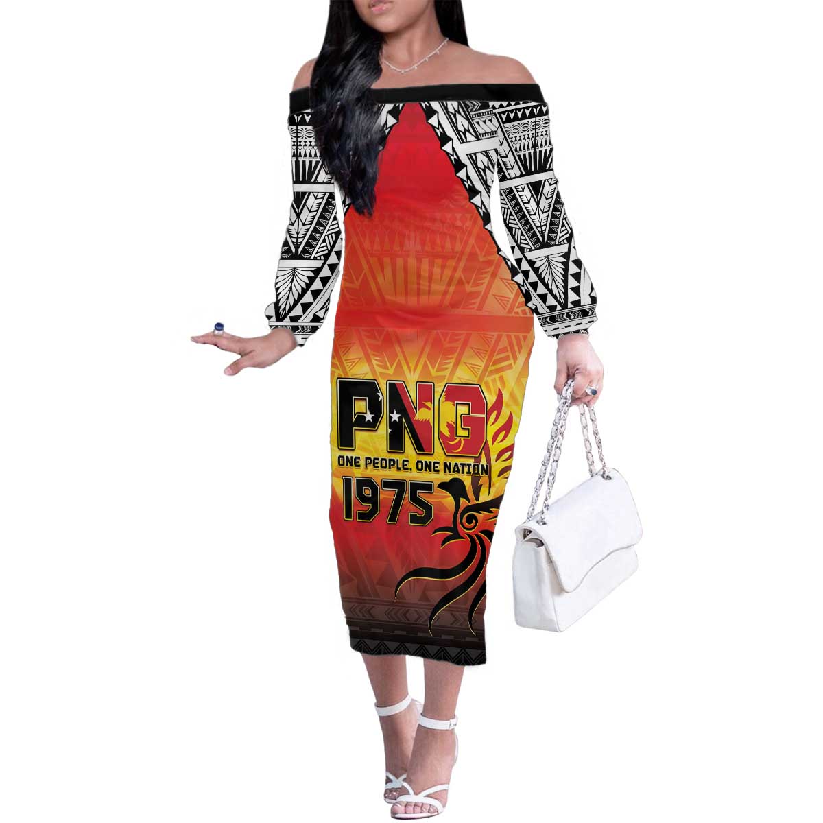 Papua New Guinea 50th Independence Day Family Matching Off The Shoulder Long Sleeve Dress and Hawaiian Shirt One People One Nation One PNG LT05 Mom's Dress Yellow - Polynesian Pride