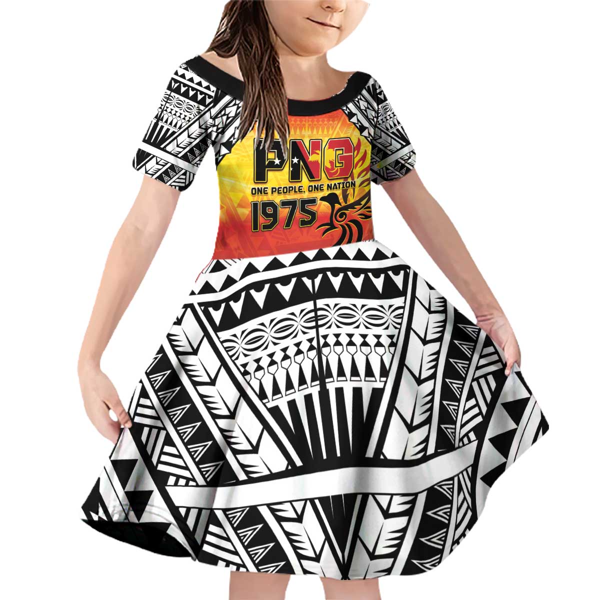 Papua New Guinea 50th Independence Day Family Matching Off Shoulder Short Dress and Hawaiian Shirt One People One Nation One PNG LT05 Daughter's Dress Yellow - Polynesian Pride
