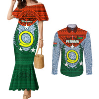 Vanuatu Penama Province Couples Matching Mermaid Dress and Long Sleeve Button Shirts Vanuatuan Coat Of Arms Polynesian Pattern LT05 Green - Polynesian Pride