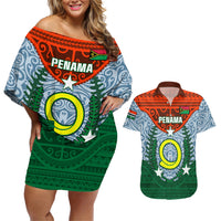 Vanuatu Penama Province Couples Matching Off Shoulder Short Dress and Hawaiian Shirt Vanuatuan Coat Of Arms Polynesian Pattern LT05 Green - Polynesian Pride
