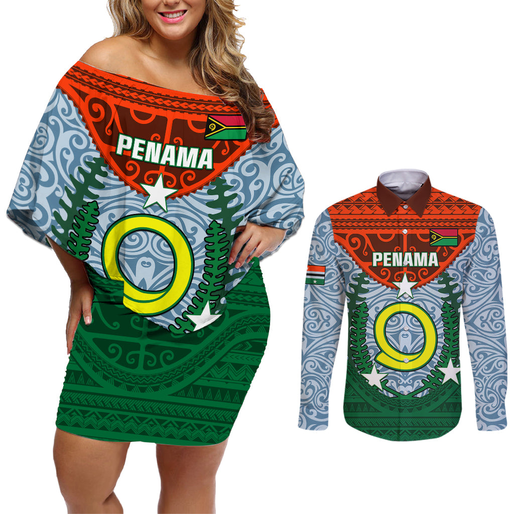 Vanuatu Penama Province Couples Matching Off Shoulder Short Dress and Long Sleeve Button Shirts Vanuatuan Coat Of Arms Polynesian Pattern LT05 Green - Polynesian Pride