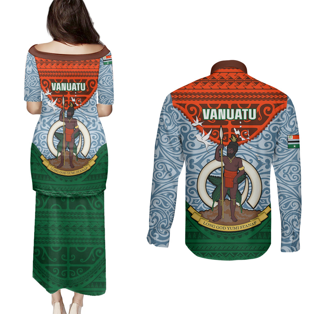 Vanuatu Penama Province Couples Matching Puletasi Dress and Long Sleeve Button Shirts Vanuatuan Coat Of Arms Polynesian Pattern LT05 - Polynesian Pride