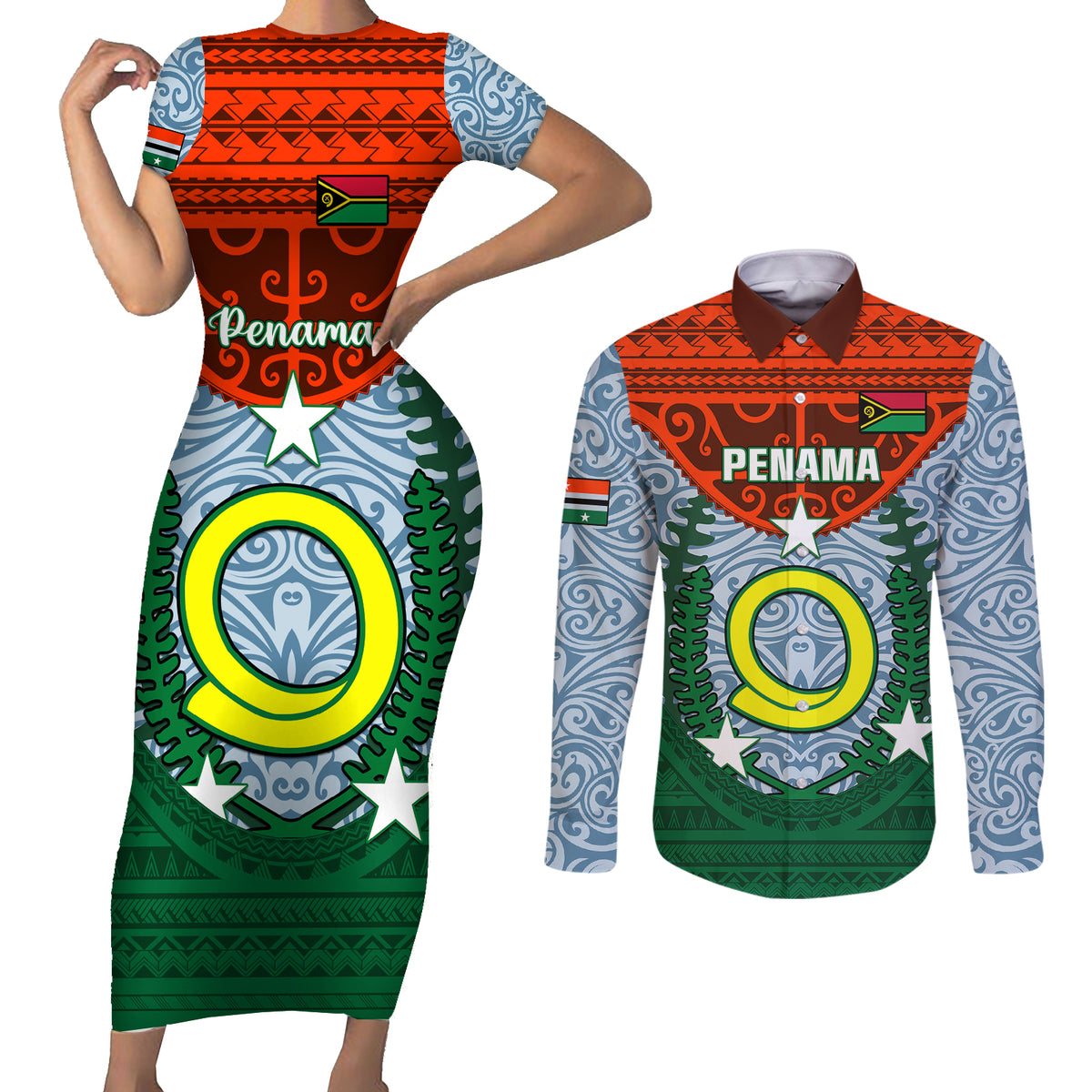 Vanuatu Penama Province Couples Matching Short Sleeve Bodycon Dress and Long Sleeve Button Shirts Vanuatuan Coat Of Arms Polynesian Pattern LT05 Green - Polynesian Pride