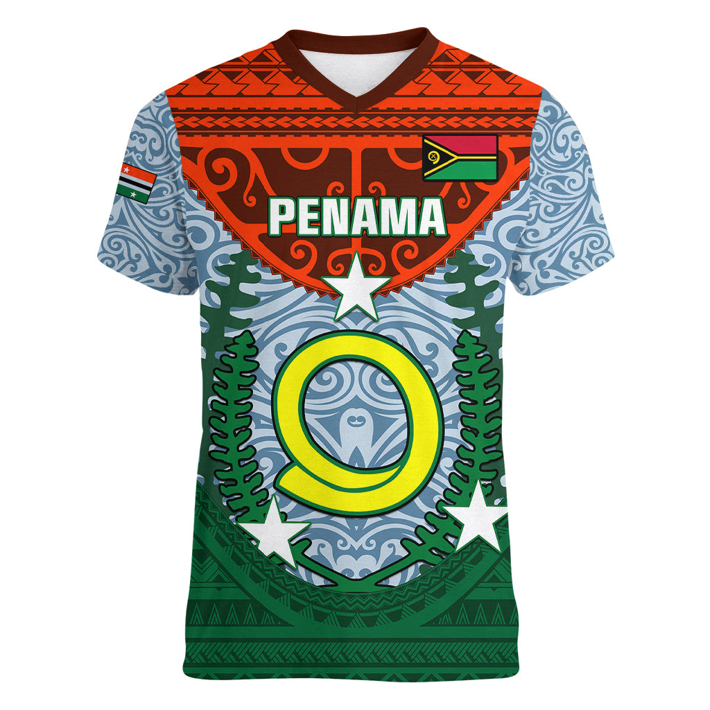 Vanuatu Penama Province Women V Neck T Shirt Vanuatuan Coat Of Arms Polynesian Pattern LT05 Female Green - Polynesian Pride
