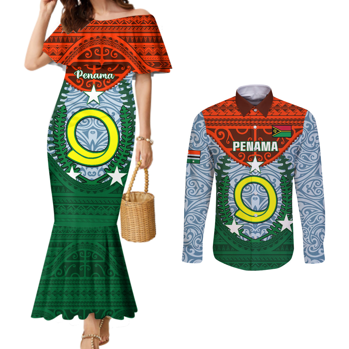 Personalized Vanuatu Penama Province Couples Matching Mermaid Dress and Long Sleeve Button Shirts Vanuatuan Coat Of Arms Polynesian Pattern LT05 Green - Polynesian Pride