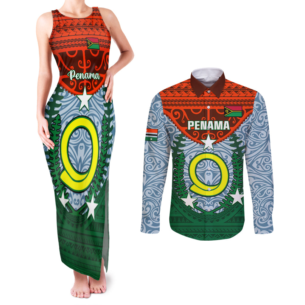 Personalized Vanuatu Penama Province Couples Matching Tank Maxi Dress and Long Sleeve Button Shirts Vanuatuan Coat Of Arms Polynesian Pattern LT05 Green - Polynesian Pride
