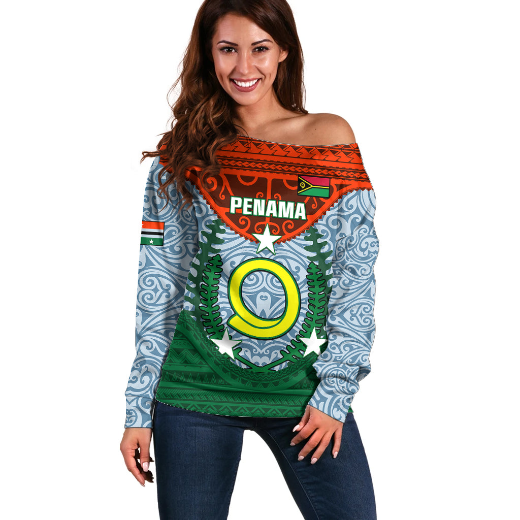 Personalized Vanuatu Penama Province Off Shoulder Sweater Vanuatuan Coat Of Arms Polynesian Pattern LT05 Women Green - Polynesian Pride