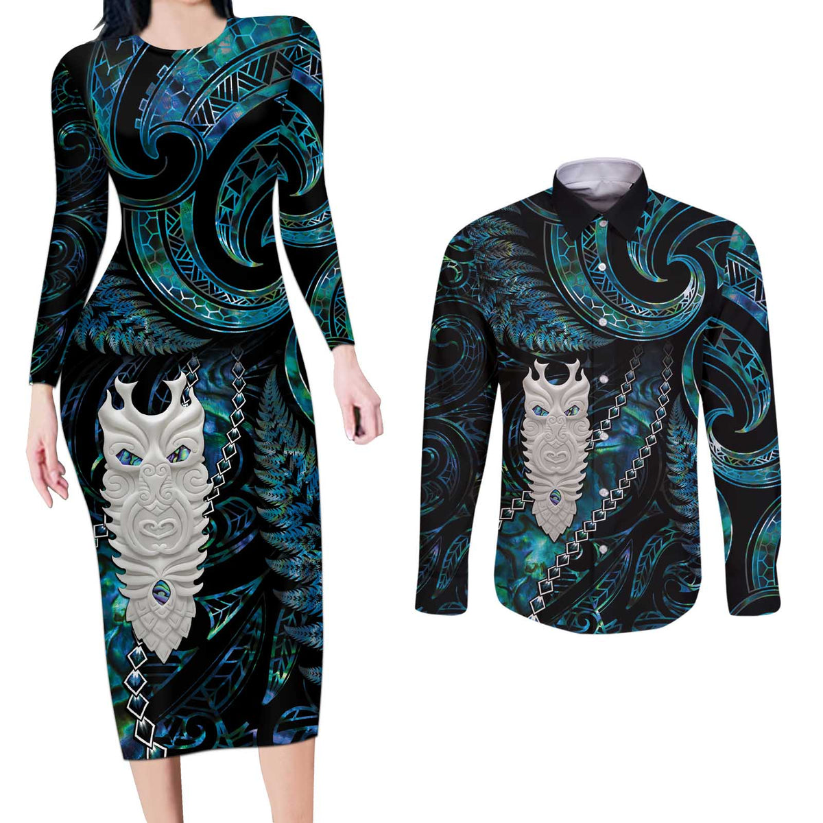 New Zealand Aotearoa Couples Matching Long Sleeve Bodycon Dress and Long Sleeve Button Shirt Maori Tane Te Waiora Paua Shell Glitter Turquoise LT05 Turquoise - Polynesian Pride