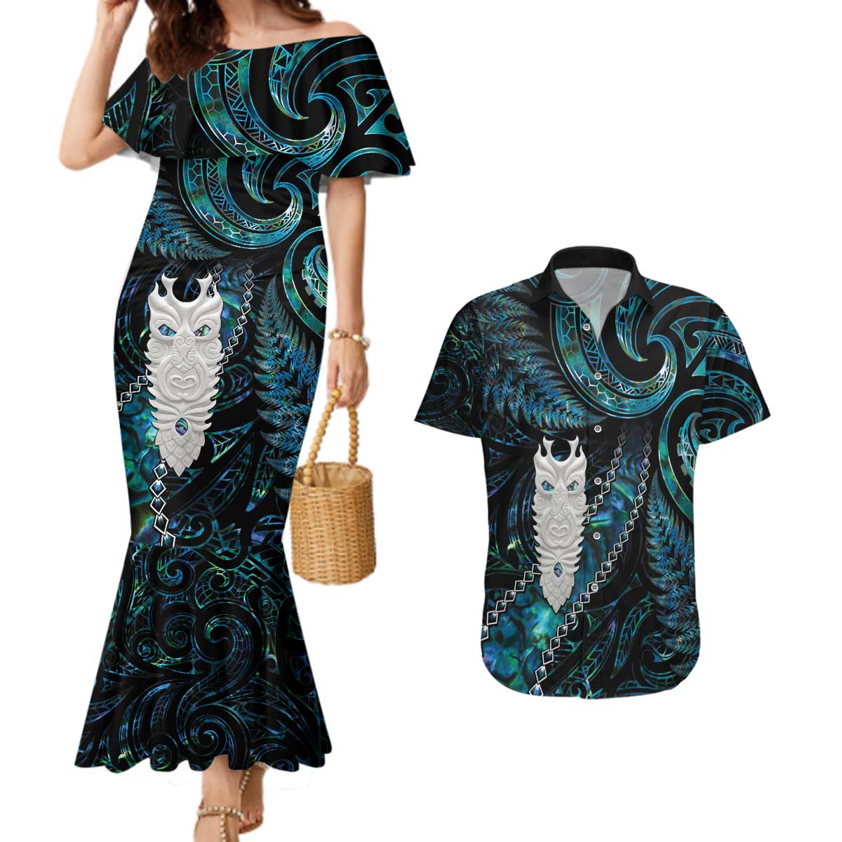 New Zealand Aotearoa Couples Matching Mermaid Dress and Hawaiian Shirt Maori Tane Te Waiora Paua Shell Glitter Turquoise LT05 Turquoise - Polynesian Pride