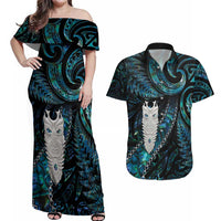 New Zealand Aotearoa Couples Matching Off Shoulder Maxi Dress and Hawaiian Shirt Maori Tane Te Waiora Paua Shell Glitter Turquoise LT05 Turquoise - Polynesian Pride