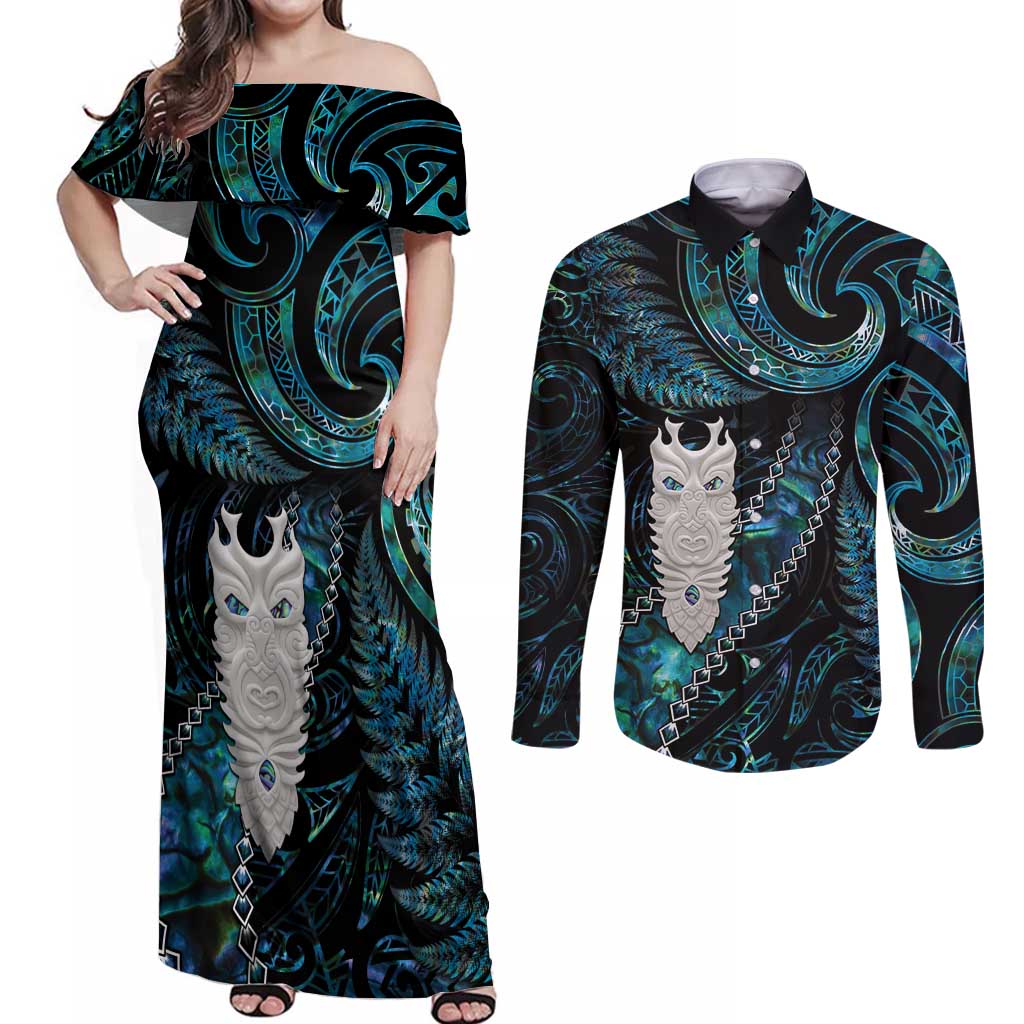 New Zealand Aotearoa Couples Matching Off Shoulder Maxi Dress and Long Sleeve Button Shirt Maori Tane Te Waiora Paua Shell Glitter Turquoise LT05 Turquoise - Polynesian Pride