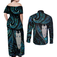 New Zealand Aotearoa Couples Matching Off Shoulder Maxi Dress and Long Sleeve Button Shirt Maori Tane Te Waiora Paua Shell Glitter Turquoise LT05 - Polynesian Pride